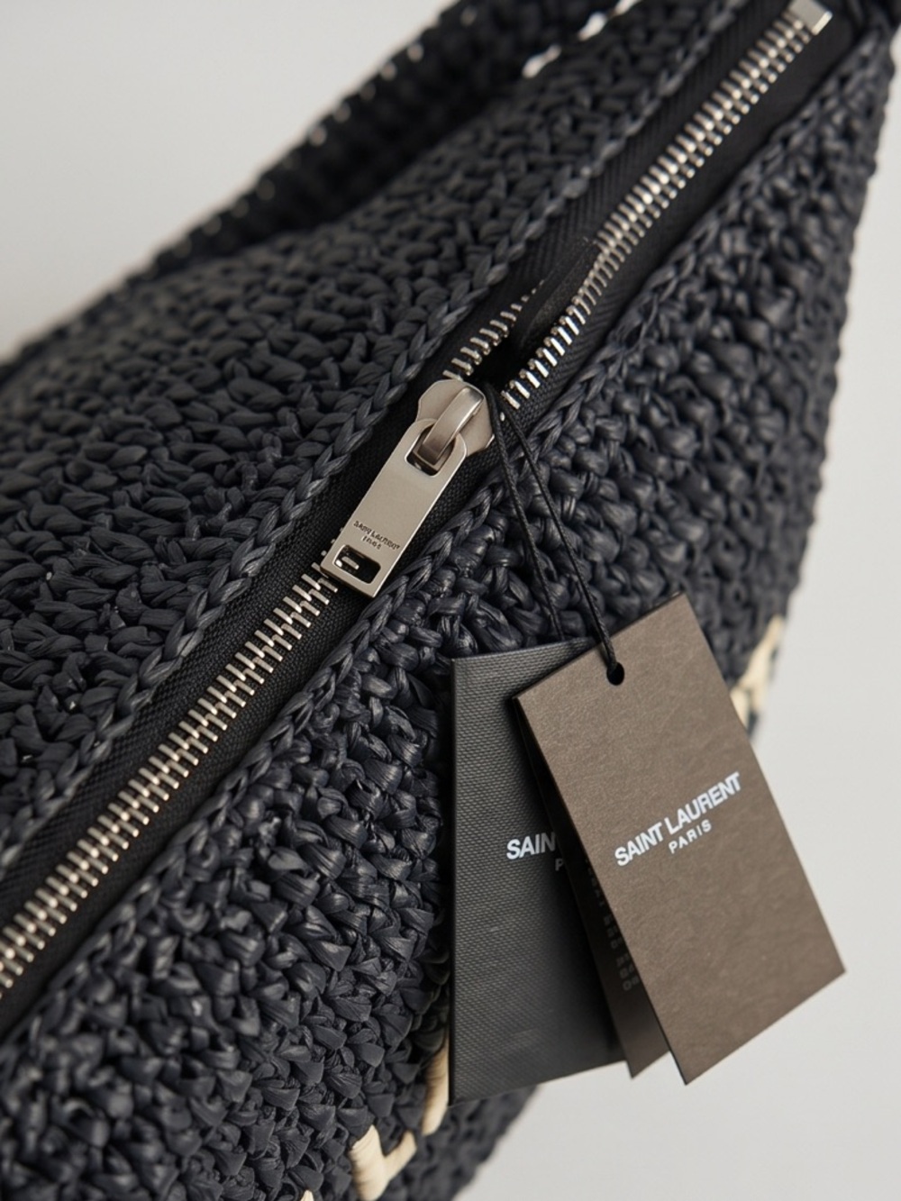 Saint Laurent Black Raffia Shoulder Bag with Contrast Cream Logo - Picture 3 of 16